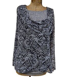 Ella Rafaella Blouse Womens Size 1X Black White Cowl Neck Top Abstract Print